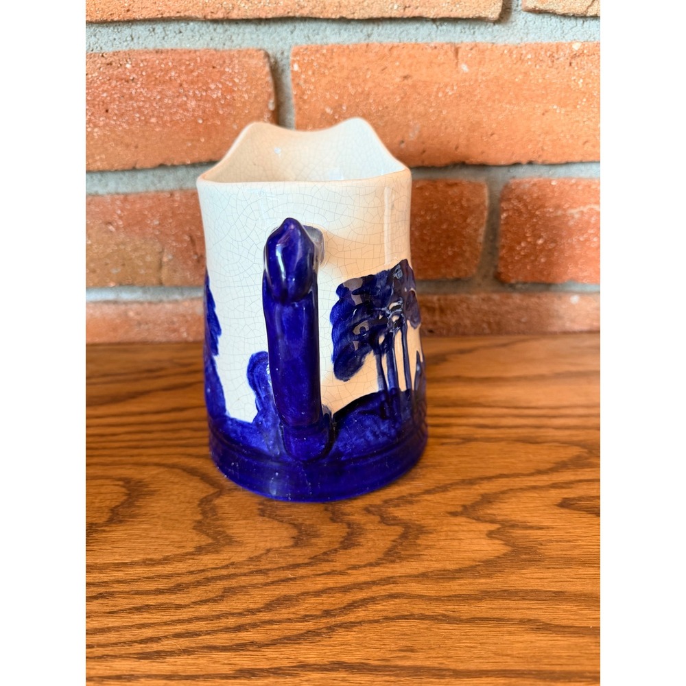Vintage Old Sleepy Eye-style pitcher, cobalt and cream crackle glaze, 7.5" tall - Picture 3 of 10